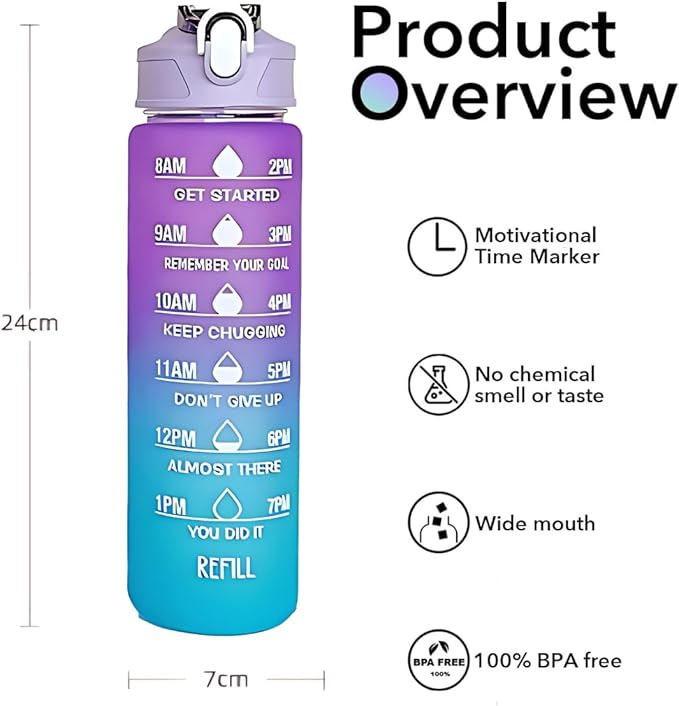 Generic Drinking Water Bottles Fitness Sports With Time Marker, 900 ml, Multiple Colors, Motivational Drinking Bottles (Purple+Blue), XH-2081