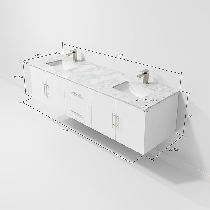 Sonoma 72 in. x 22 in. D Glossy White Double Bath Vanity and Carrara Marble Top