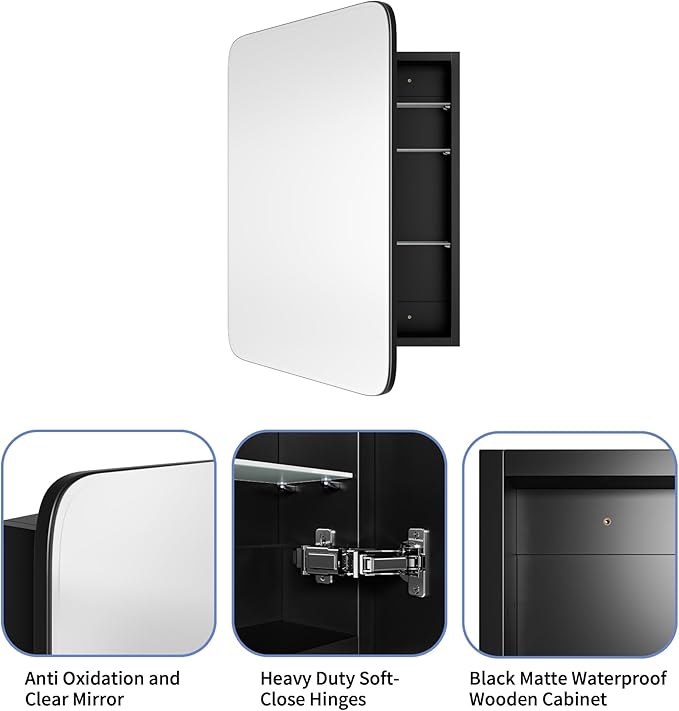 Bathroom Wood Black Cabinet with 20''x30'' Curved Mirror, Recessed Medicine Cabinet, Bathroom Storage Cabinet