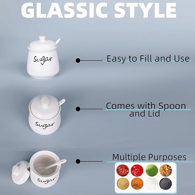 HAOTOP 12oz Sugar Bowl with Lid and Spoon,Ceramic Sugar Jar Sugar Dispenser Sugar Container Coffee Bar Accessories, Kitchen Countertop Canisters, White
