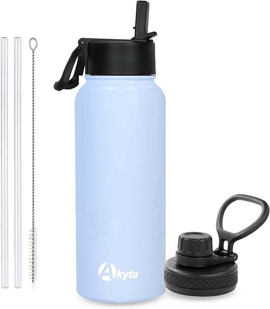 Sports Stainless Steel Water Bottle with Straw, Spout lid-32OZ -Wide Mouth Vacuum Insulated Thermos Water Bottles, Keep Water Cold/Hot, Metal Water Bottle for Biking Hiking (Light Blue, 32OZ)