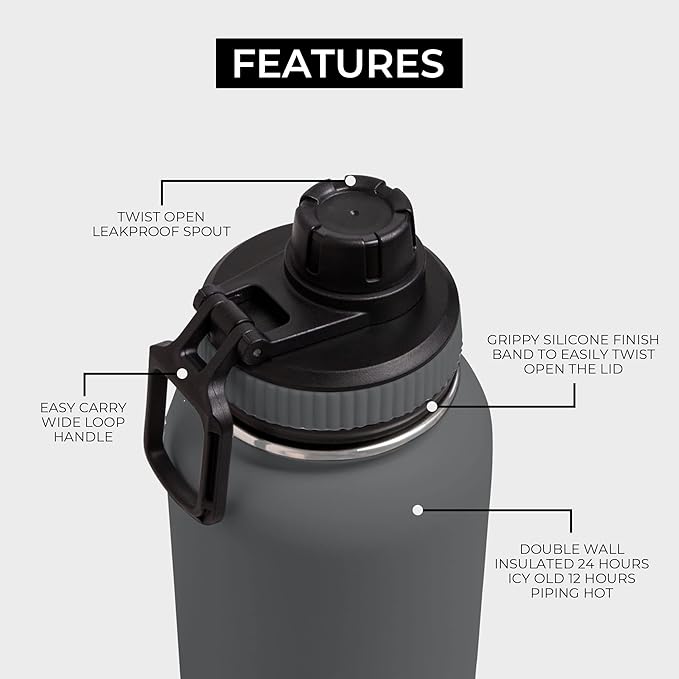 BOZ Stainless Steel Water Bottle - Vaccum Insulated Water Bottle 32 Oz - Wide Mouth BPA Free Sport Water Bottle for Gym with Spout Lid - Thermal Hot & Cold 1 Litre Gray Water Bottle