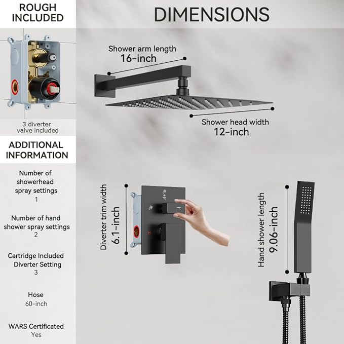 Shower Faucet Set Matte Black Shower System, Starbath 12" Rain Shower Head and Handheld Spray Shower Set Complete Wall Mounted,2 Way Pressure Balance Shower Valve and Trim Kit Included