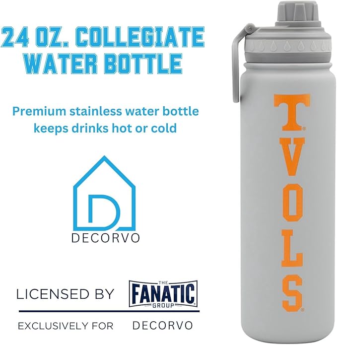 Tennessee Vols Water Bottle - Gray Double Walled Stainless Steel 24 oz Keeps Drinks Cold or Hot