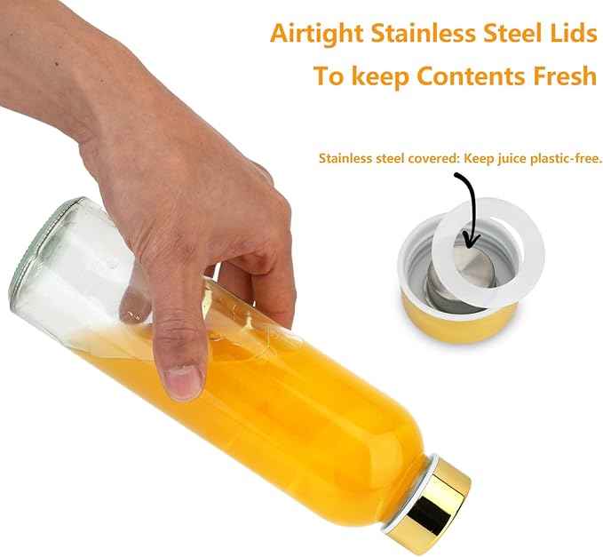 Glass Juice Bottles with Lids for Juicing 18 oz, Reusable Clear Glass Water Bottles with Stainless Steel Airtight Cap for Refrigerator, 100% Leak Proof, BPA Free, Set of 6, Gold