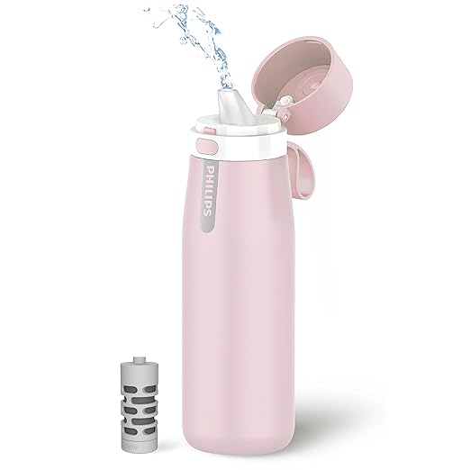 PHILIPS Filtered Water Bottle, Insulated Stainless Steel Water Purifier Bottle for Daily Life & Travel, BPA Free with GoZero Everyday Filter for Cleaner Tastier Tap Water, Keeps Cold, 18.6 oz Pink