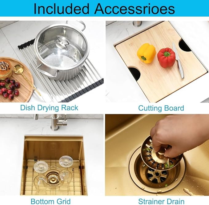 Undermount Gold Bar Sink, 12 x 15 inch Undermount Wet Bar Sink 16 Gauge Stainless Steel Brushed Gold Basin for Outdoor RV Kitchen