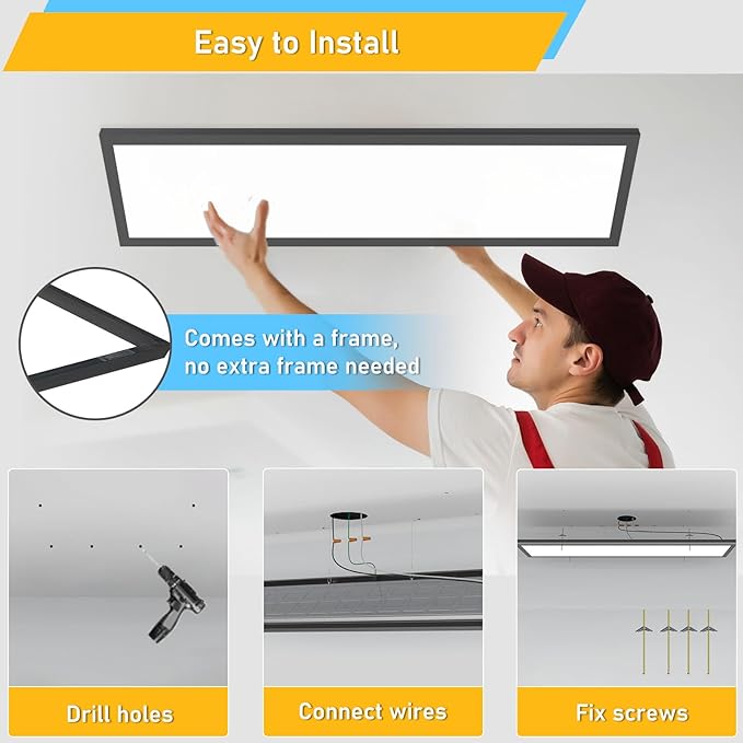 AIKVSXER 4Pack-1x4-Black LED Flat Panel Light Surface Mount 3000K/4000K/5000K with Night Light， 50W 5500Lm 120V 2x2 LED Light Fixtures for Yard/Bedroom/Office