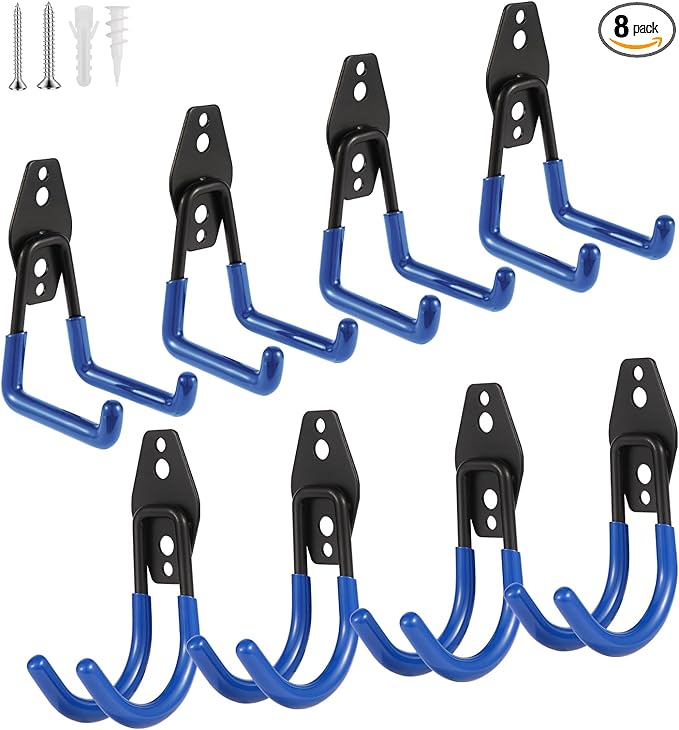 Steel Garage Hooks Wall Tool Organizer, 8 Pack Garage Storage Hook Heavy Duty Utility Storage Hangers Blue for Ladders, Ropes, Garden Tools