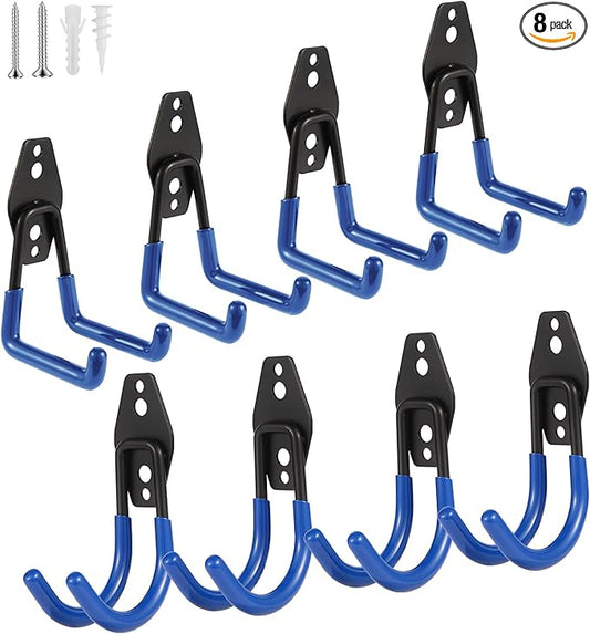 Steel Garage Hooks Wall Tool Organizer, 8 Pack Garage Storage Hook Heavy Duty Utility Storage Hangers Blue for Ladders, Ropes, Garden Tools