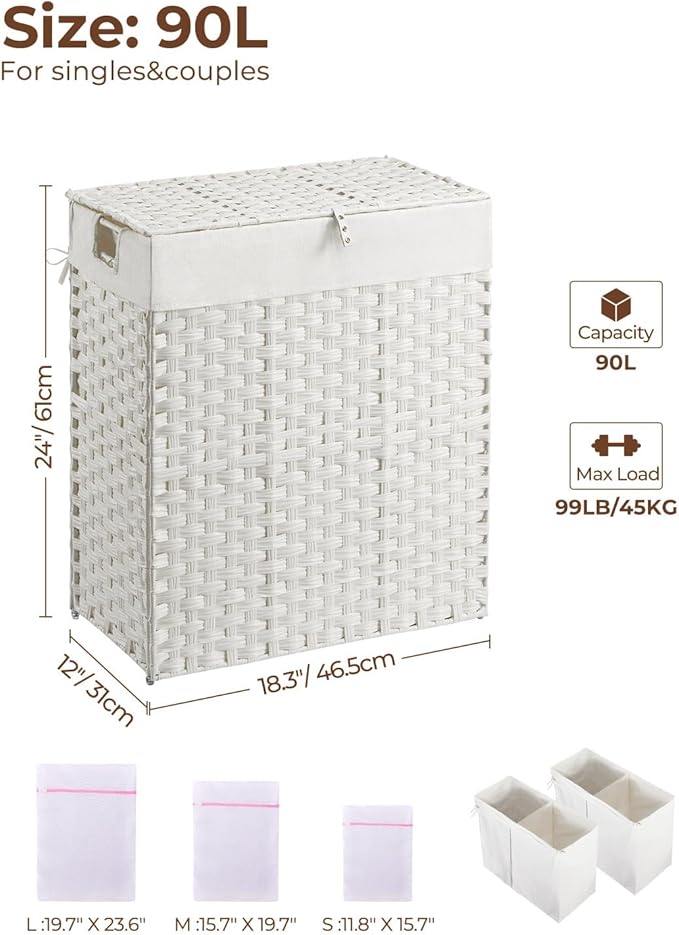 Greenstell Laundry Hamper with 2 Removable Liner Bags，90L Divided Clothes Hamper, Handwoven Synthetic Rattan Foldable Laundry Basket with Lid and Handles White (18.5 x 13.3 x 24.0Inches)