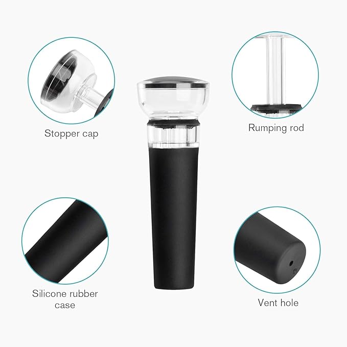 Wine Stopper set, Wine Bottle Stopper with Built-in Vacuum Wine Saver Pump Food-safe Silicone Caps (1), 3.5*1.2 Inches, Black