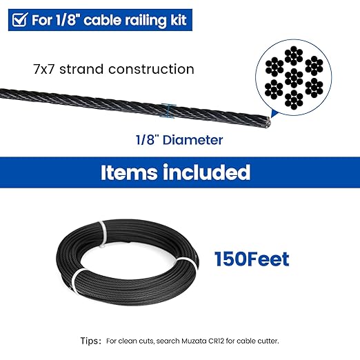 Muzata 150 ft 1/8" Black Stainless Steel Cable Railing System Hardware T316 Stainless Steel Wire Rope 7x7 Strands 1800 lb Breaking Strength Black Cable Railing Kit for Indoor Outdoor WR19
