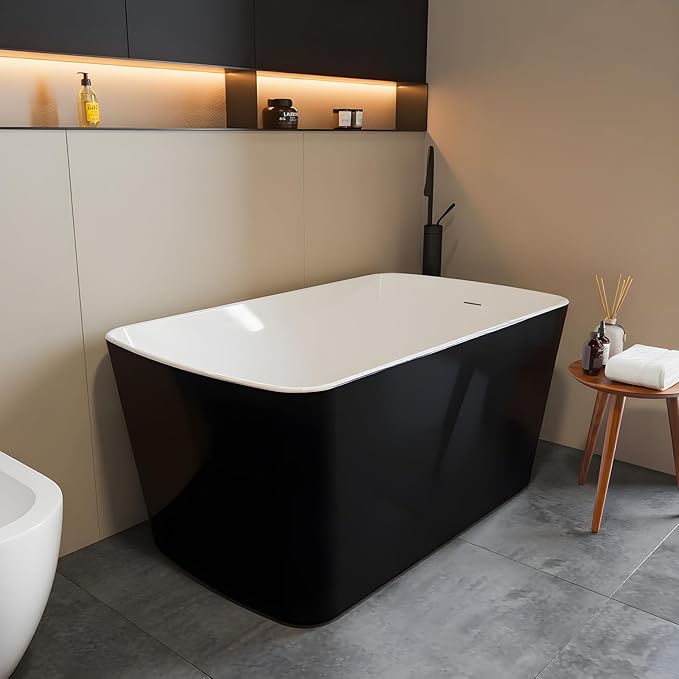 Acrylic Freestanding Bathtub, Soaking Tub with Seat, Toe-Tap Drain, Slotted Overflow, Deep Ergonomic Design, CUPC Certified, Black, 49"