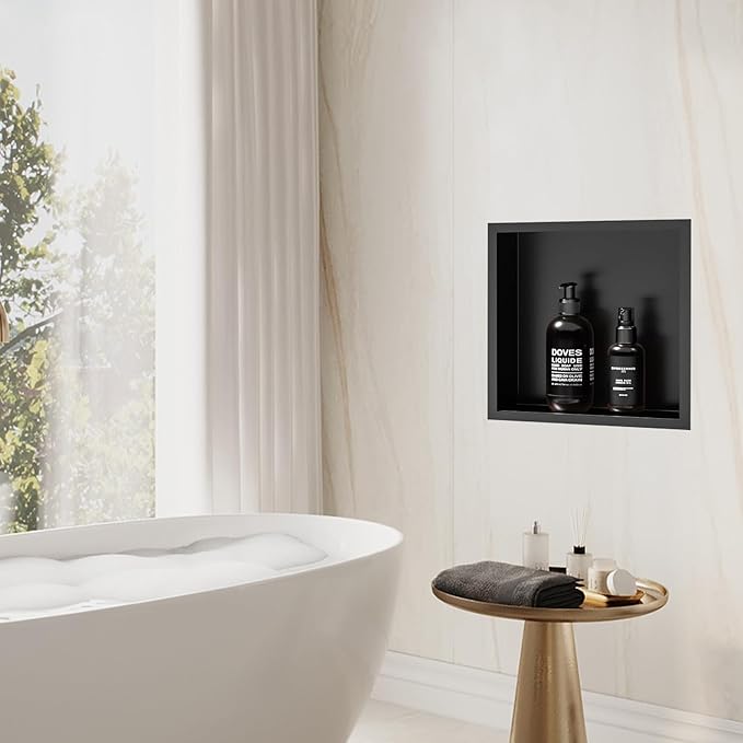 Shower Niche - 12 x 12, Matte Black Stainless Steel Recessed Shower Niche for Bathroom Storage, No Tile Needed, Over Mount Installation