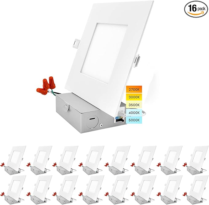 LUXRITE 16 Pack 6 Inch Ultra Thin Square LED Recessed Lighting, 5 Color Options 2700K - 5000K, Dimmable LED Downlight, 12W, IC & Wet Rated, 1000 Lumens, Canless LED Recessed Light, ETL