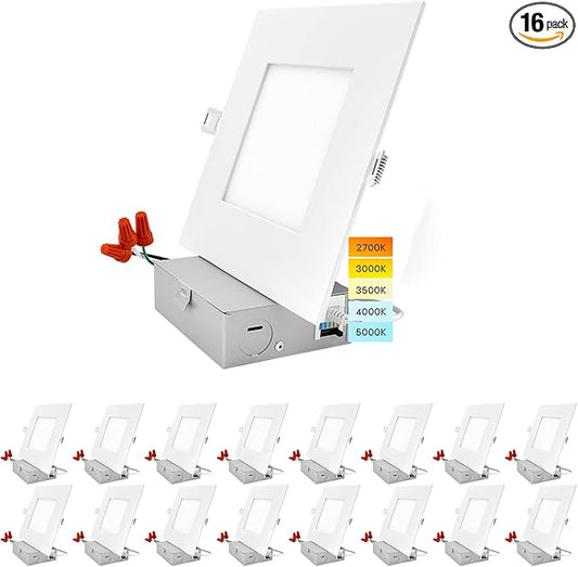 LUXRITE 16 Pack 6 Inch Ultra Thin Square LED Recessed Lighting, 5 Color Options 2700K - 5000K, Dimmable LED Downlight, 12W, IC & Wet Rated, 1000 Lumens, Canless LED Recessed Light, ETL