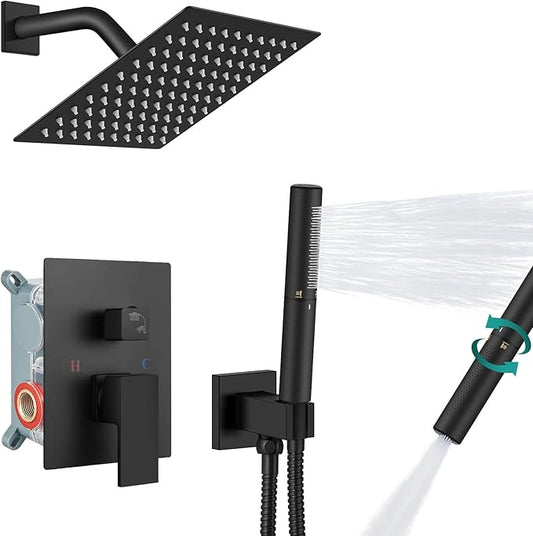 Aolemi Shower System with Rainfall Shower Head and Handheld Wall Mount,High Pressure Shower Faucet Set Fixture Combo with 2 in 1 Handheld Spray Rough-in Valve,8 Inch Shower Head Matte Black