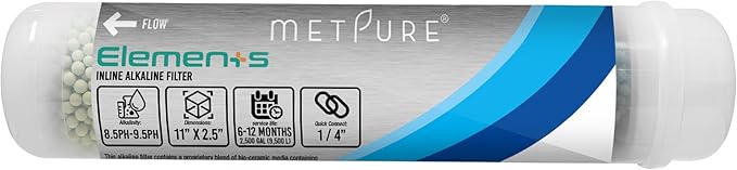 Elements Inline Antioxidant Alkaline Water Filter 11" x 2.5" with 1/4" Quick Connects Replacement or Add-on for pH Balance and Restore Minerals in Reverse Osmosis RO System
