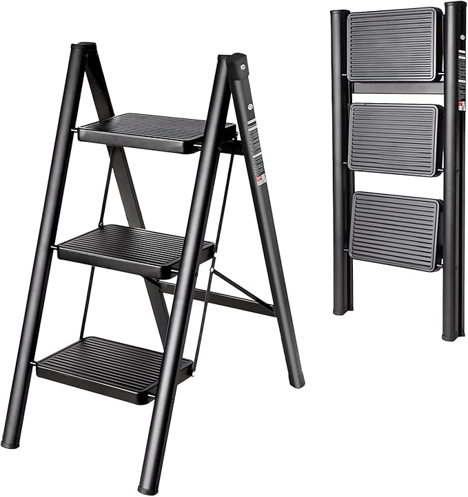 3 Step Ladder with Anti-Slip and Wide Pedal 220 lbs Capacity Folding Step Ladder for Household Kitchen Office(P-Black, 3 Step Ladder)