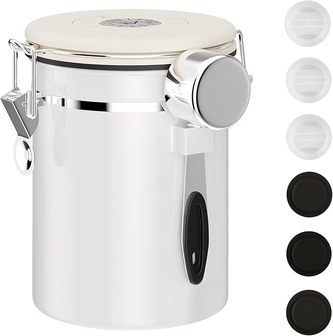 ShanSon Coffee Canister Airtight Coffee Container Stainless Steel Coffee Bean Storage Container with CO2 Release Valve and Scoop Coffee Canister for Beans,Grounds,Sugar,Flour,Tea,Cereal,22OZ,Off-White