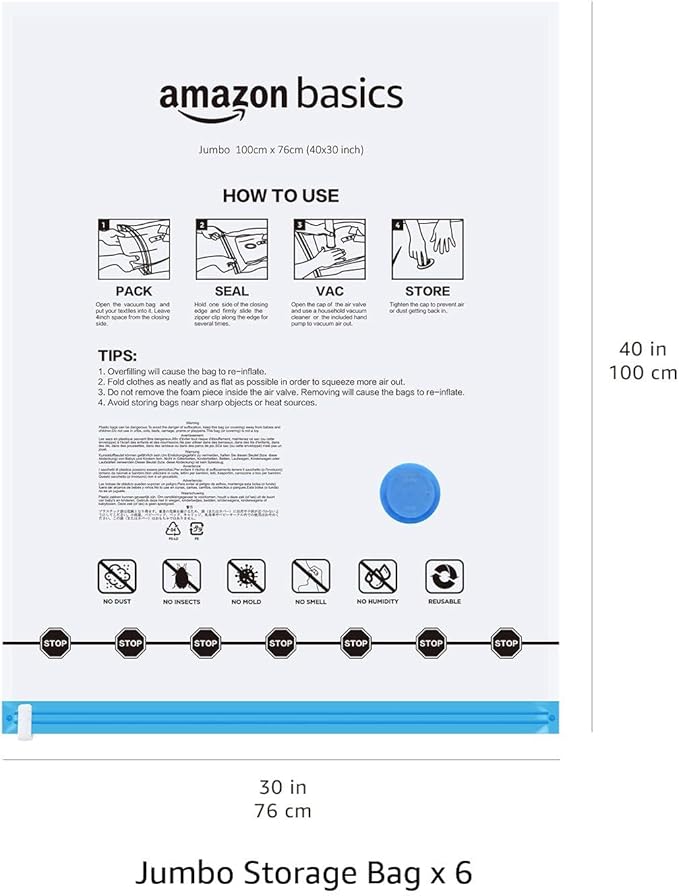 Amazon Basics Vacuum Compression Space Saving Storage Bags with Hand Pump for Clothes Packing, Jumbo, Clear, Pack of 6
