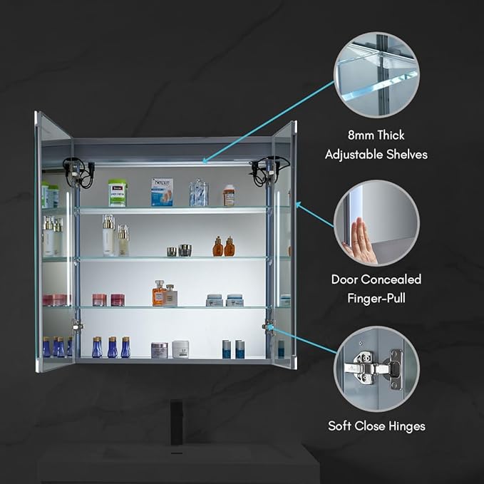 Blossom LED Lighted Mirror Medicine Cabinet, 30x32 Inch | Wall Mounted Recessed or Surface Bathroom LED Medicine Cabinet with Mirror, Makeup Mirror with Lights | Defogger, 3 Color Dimmer