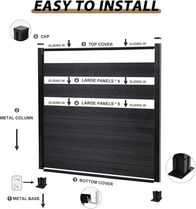 6x6 FT Wood Composite Privacy Fence Panel,Outdoor AC Unit Cover, Pool Equipment Screen, Trash Can Barrier | Weatherproof, Easy Installation, Durable Composite Fencing (Black with 1 Post)