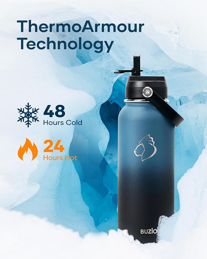 BUZIO 40 oz Insulated Water Bottle, Keep Cold 48h Stainless Steel Water jug with Straw Lid and Carrying Pouch, Lead-Free Leak Proof Double Wall Vacuum Metal Canteen for Sports Gym Beach, Indigo Crush