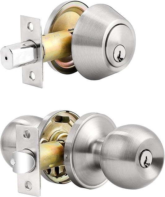 Probrico Entry Door Knob with Single Cylinder Deadbolt Set Brushed Nickel Entry Door Lock Set with Key