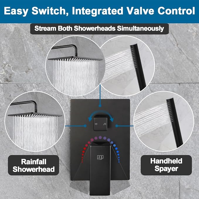 POP SANITARYWARE Matte Black Shower Faucet Set Rainfall 10 Inch Shower Head and Handle Set Bathroom Rain Shower System Wall Mounted Shower Fixture Include Shower Valve and Trim Kit