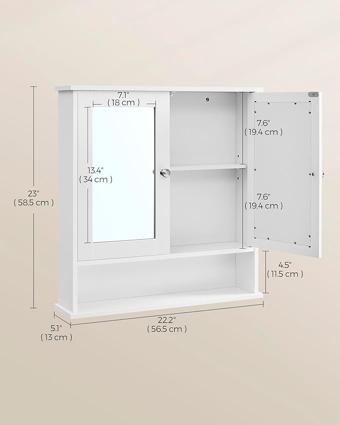 VASAGLE Bathroom Cabinet with Mirror, Wall Cabinet with 2 Mirrored Doors, Adjustable Shelf, Open Compartment, Wall-Mounted, 5.1 x 22.2 x 23 Inches, White ULHC002
