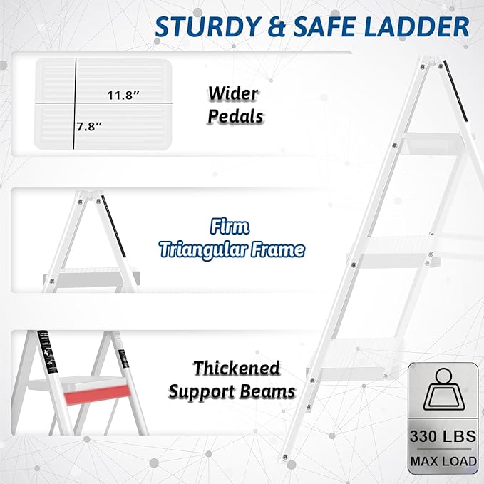 Double Elite Step Ladder 3 Step Folding, Sturdy 330 Lbs Load Step Stool for Adults, Safer Full Steel Kitchen Closet Ladder for Home, Multi-use Small Step Stool Ladder with Anti-Slip Wide Pedals, White