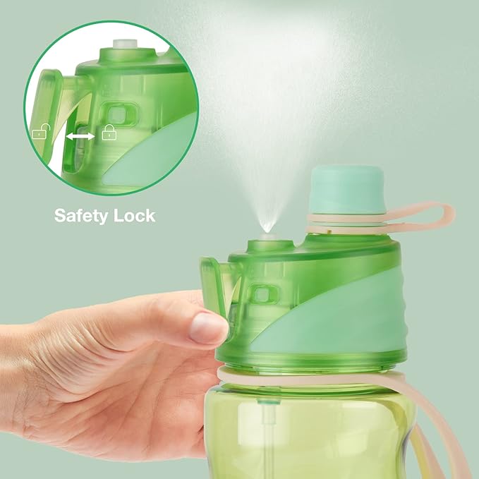 FEIJIAN Mist Water Bottle,32oz Sports Water Bottle with 2-IN-1 Mist & Sip Function, BPA-Free Plastic Water Bottles, Misting Water Bottle, Leakproof & Lightweight, Ideal for Fitness and Outdoor, Green