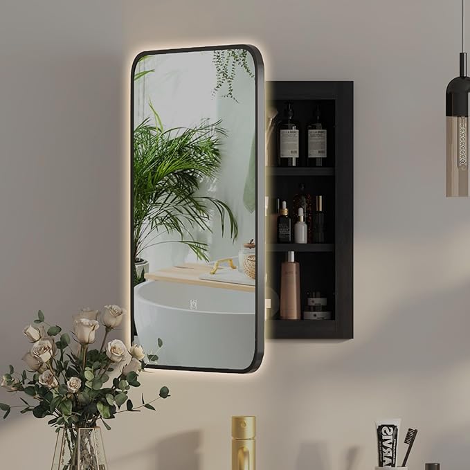 Recessed Medicine Cabinets for Bathroom Medicine Cabinet with Mirror and Lights,Backlight Lighted Medicine Cabinet,Black Medicine Cabinets Wall Mounted,Bathroom Mirror with Storage 16x24