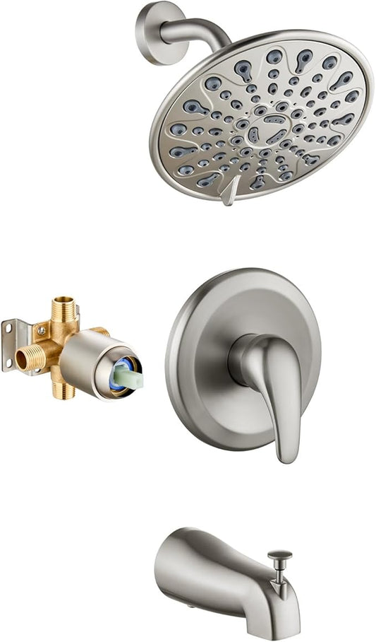 gotonovo Tub Shower Faucet Set Shower Head and Handle Set 6 Modes 6 inch Bathroom Trim Kit with Tub Spout High Pressure Shower System Combo with Valve Round Showerhead Brushed Nickel
