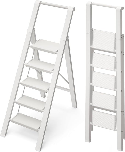 5 Step Ladder, Lightweight Folding Step Stool with Convenient Handgrip,Aluminum 330lbs Capacity Step Ladder for Office,Household,Kitchen(White)