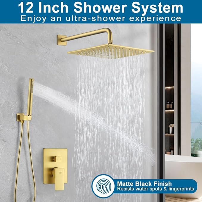 POP SANITARYWARE Shower Faucet Set Brushed Gold, 12 Inch Thickened Shower Head and Handle Set Bathroom Rain Shower System Wall Mounted Shower Fixture Include Shower Valve and Trim Kit