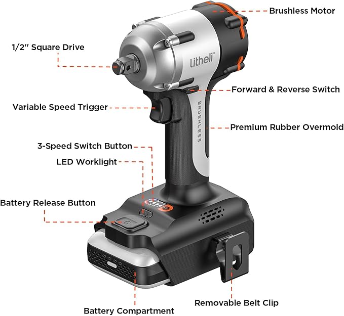 LiTHELi Cordless Impact Wrench, 1/2 Inch Hog Ring Brushless Impact Gun with 12,500 mAh Battery, Variable Speeds Impact Driver for Car Home, Charger not Included