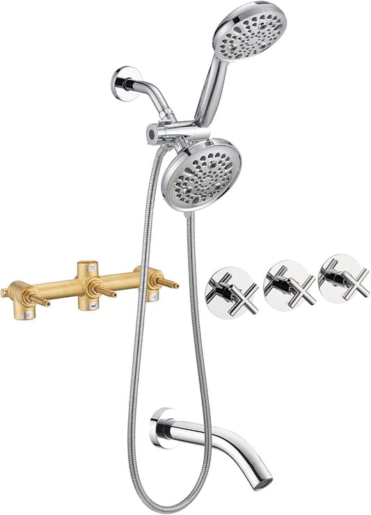 PROOX 3 Handle Tub Shower Faucet Set, Dual shower head Combo with Tub and Shower Trim Kit with Rough-in Valve, Polished Chrome Bathtub Shower Faucets, Wall Mounted Bathroom Rain Shower System