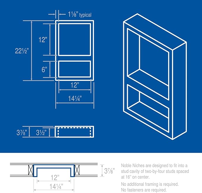 Noble Preformed 304 Wide Combo Shower Niche Modern Bathroom Storage Solution with Built-in Shelf Water-Resistant Easy Install Ideal for Toiletries Shampoo Shower Accessories (14 ¼” W × 22 ½” H)
