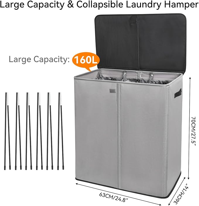 WOWLIVE Laundry Hamper with Lid,160L Large Laundry Basket 3 Section with Removable Washing Bags,Collapsible Waterproof Dirty Clothes Hamper for Laundry Room Bathroom Dorm,Grey