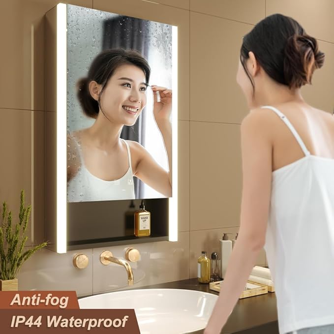 KWW LED Lighted Bathroom Medicine Cabinet with Sockets & USBs, Defogger, Dimmable, 3 Color Light Makeup Mirror, Easy to Install, Wall Mounted Cabinet (21 * 34)