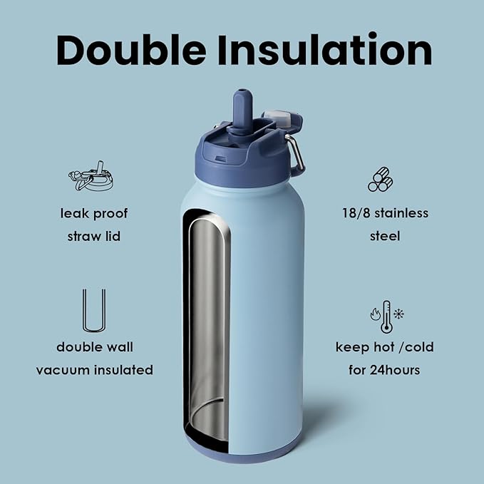 BOTTLE BOTTLE 32oz Insulated Water Bottle Stainless Steel Sport Water Bottle with Straw Dual-use Lid Design for Gym with Pill Box (blue)
