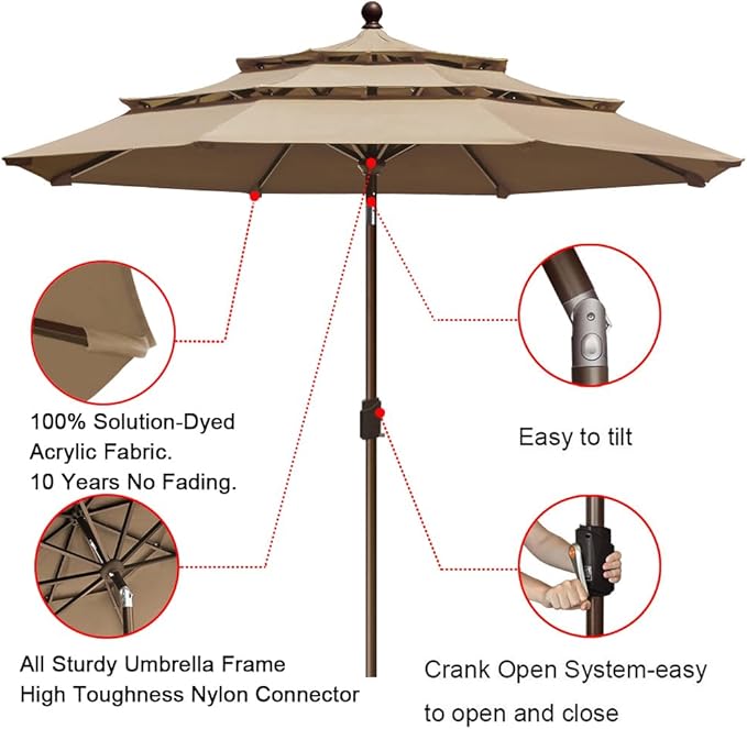 EliteShade USA 10-Year-Non-Fading 9Ft 3 Tiers Market Umbrella Patio Umbrella Outdoor Table Umbrella with Ventilation, Heather Beige