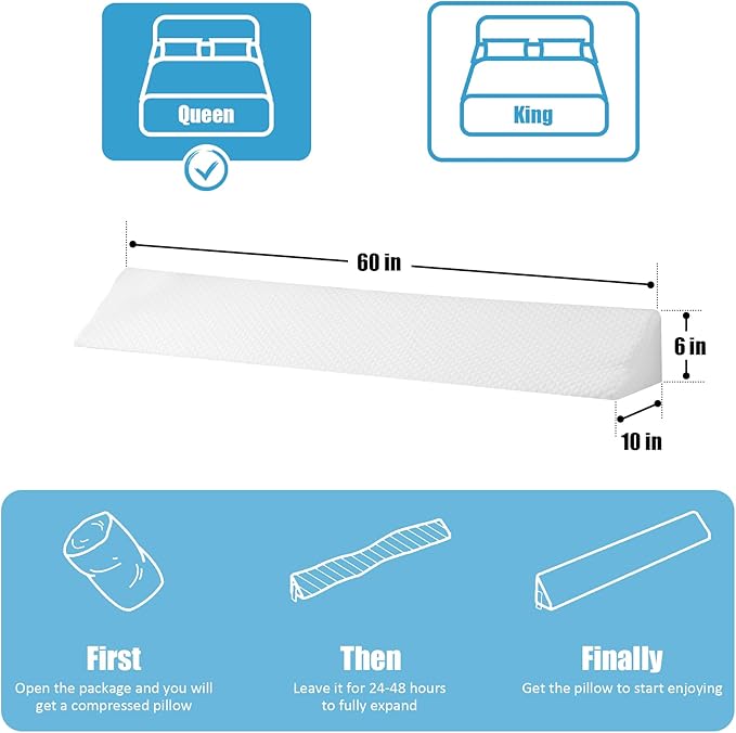 Queen Bed Wedge Pillow for Headboard, Foam Pillow Wedge for Headboard Gap, Mattress Bed Gap Filler Queen, Triangle Pillow Wedge, Anti-slip Bed Crack Space Filler (60"×10"×6") Air-Layer White