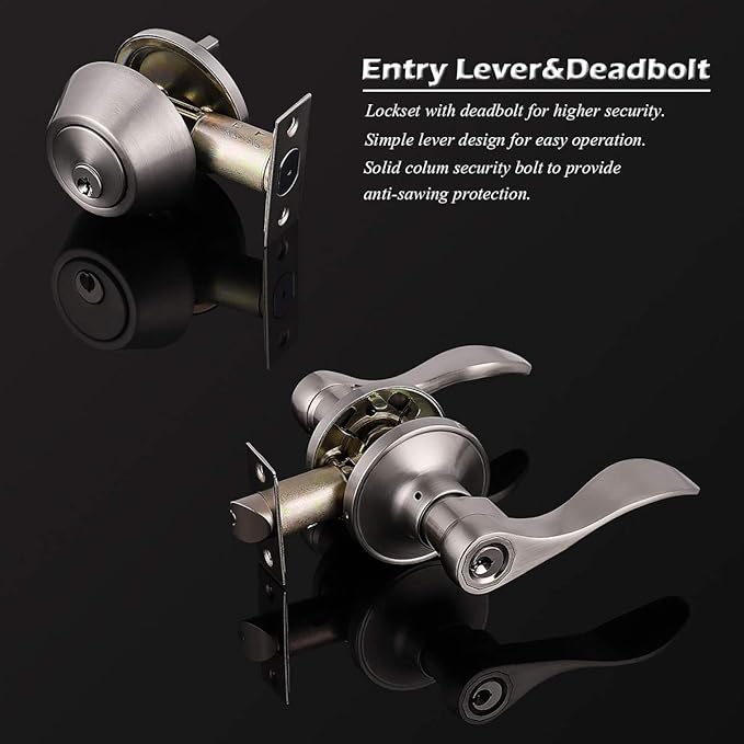 Satin Nickel Entry Levers and Single Cylinder Deadbolt Locksets with Same Key,Keyed Alike Entrance Locks,Drop/Wave Lever Style,10Pack