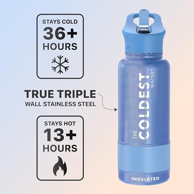 Coldest Sports Water Bottle with Straw Lid Vacuum Insulated Stainless Steel Metal Thermos Bottles Reusable Leak Proof Flask for Sports Gym (32 oz, Galactic Blue Glitter)