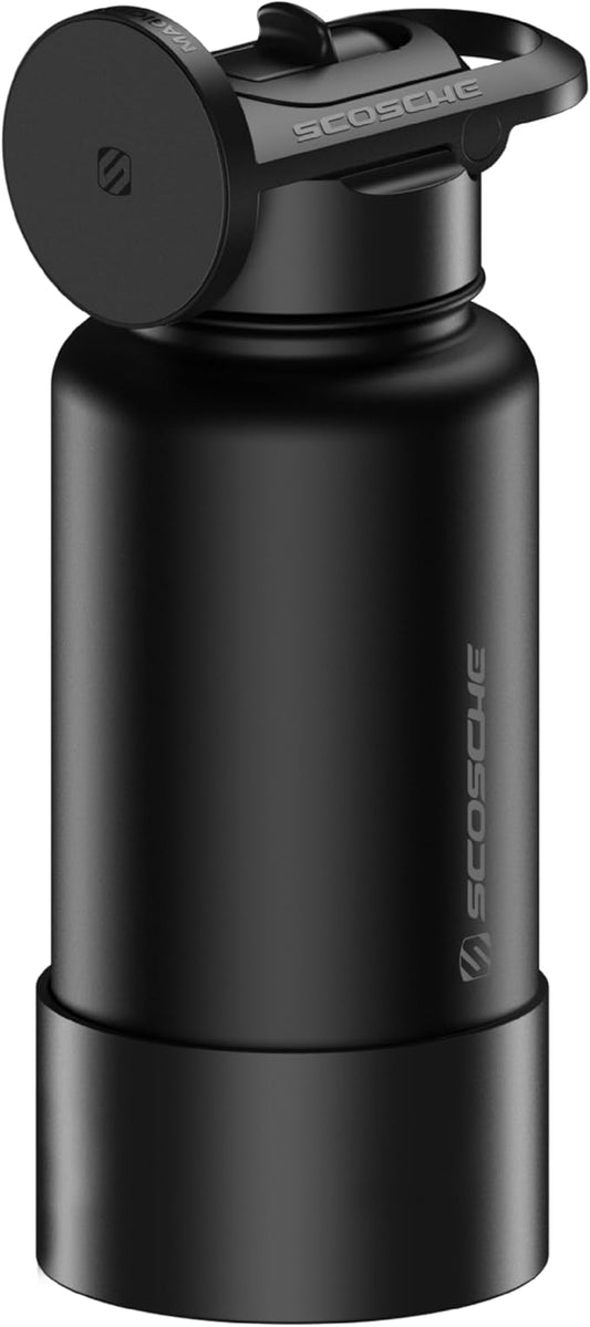 Scosche MFMS32 MagicMount Flask 32oz Stainless Steel Hot & Cold Insulated Sport Water Bottle w/Magnetic Mount Tripod Phone Stand Compatible w/MagSafe iPhone for Cup Holder/Gym/Men/Women/Travel/Black
