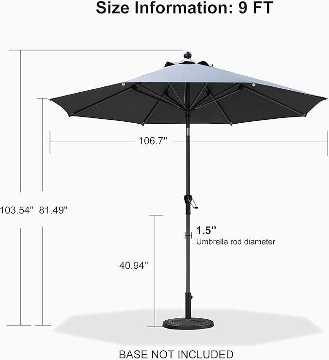 PURPLE LEAF 9' Round Patio Umbrella Outdoor Table Umbrella Aluminum Frame Market Umbrella Sun Umbrella with 8 Sturdy Ribs & Tilt for Garden Deck Lawn & Pool Gray